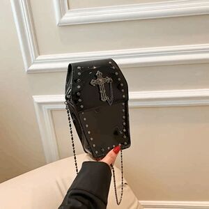 Wicked Silk Goth Emo PVC Black Coffin Crossbody Bag, Purse
